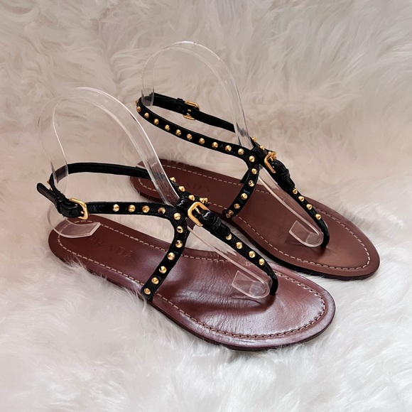 PRADA Patent Leather T-strap Spike Studded Sandals - Picture 2 of 5
